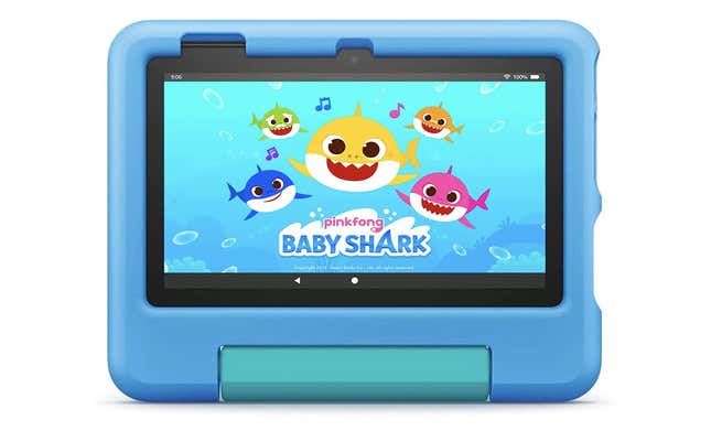 An Amazon Fire Kids tablet in a blue protective case