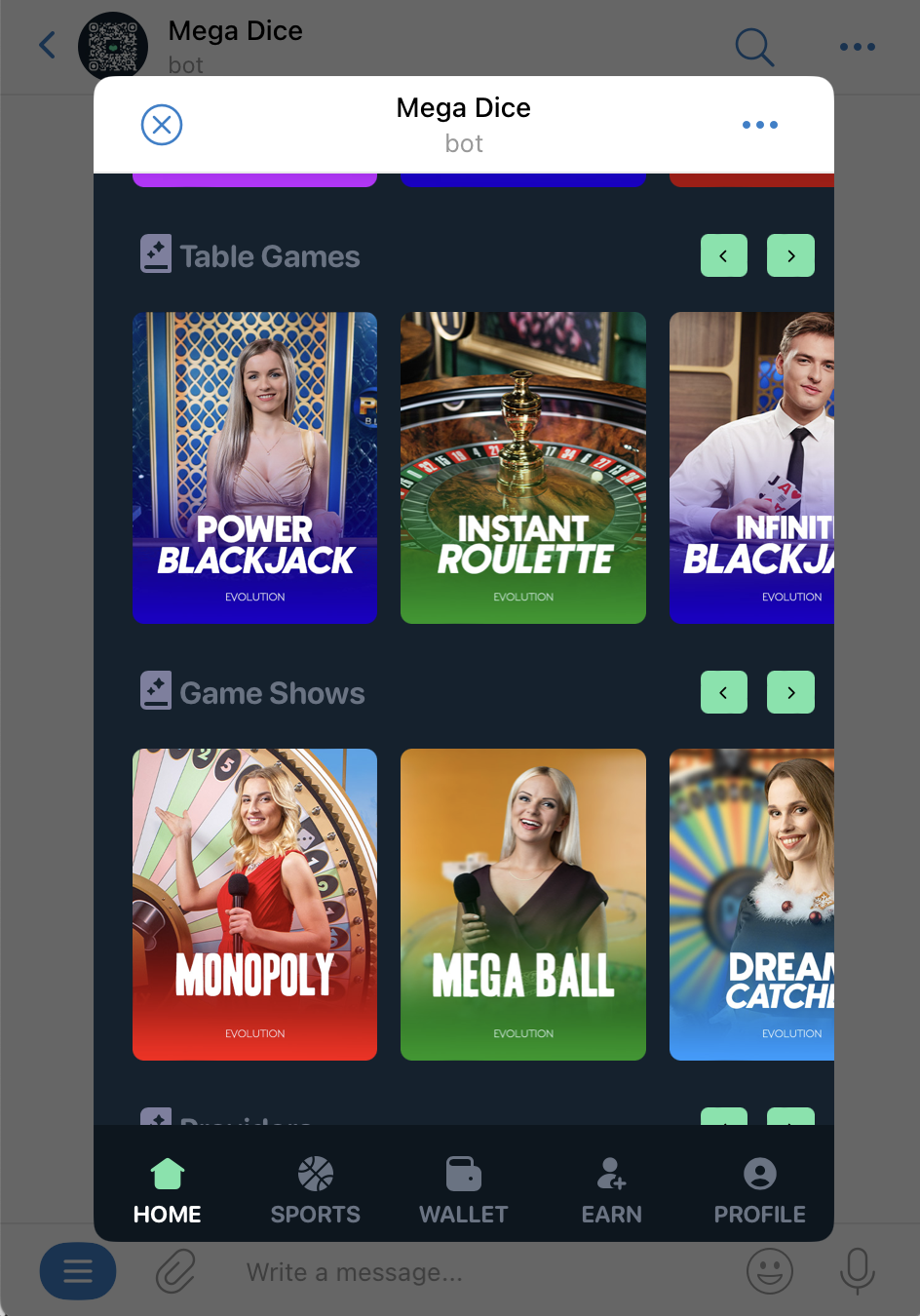 Mega Dice casino on Telegram