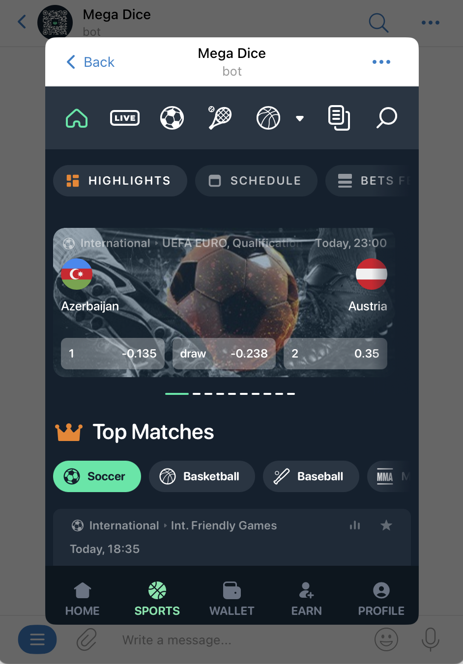 Mega Dice Telegram sportsbook