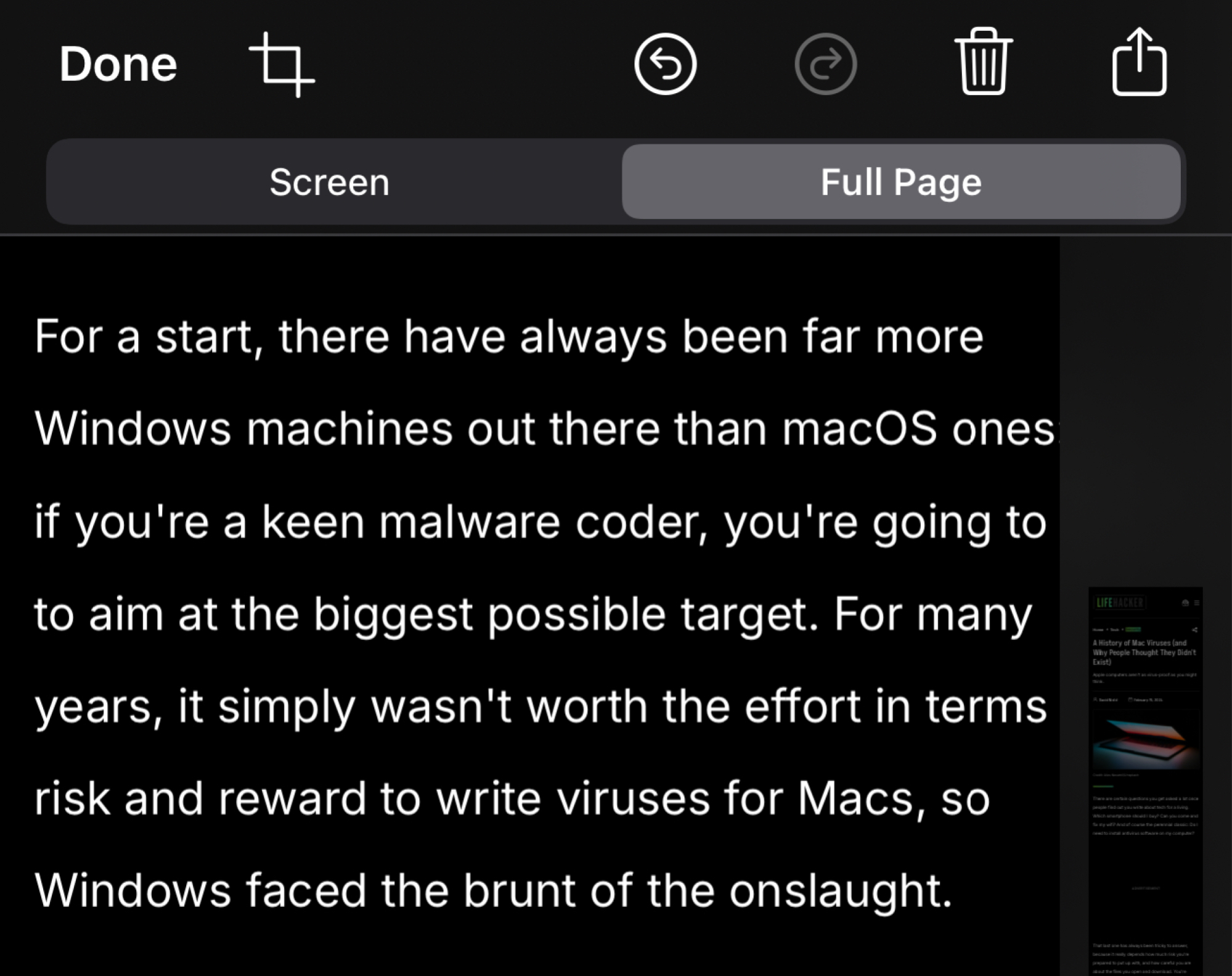 A Safari screenshot on an iPhone, showing the option to take a scrolling, full-page screenshot.