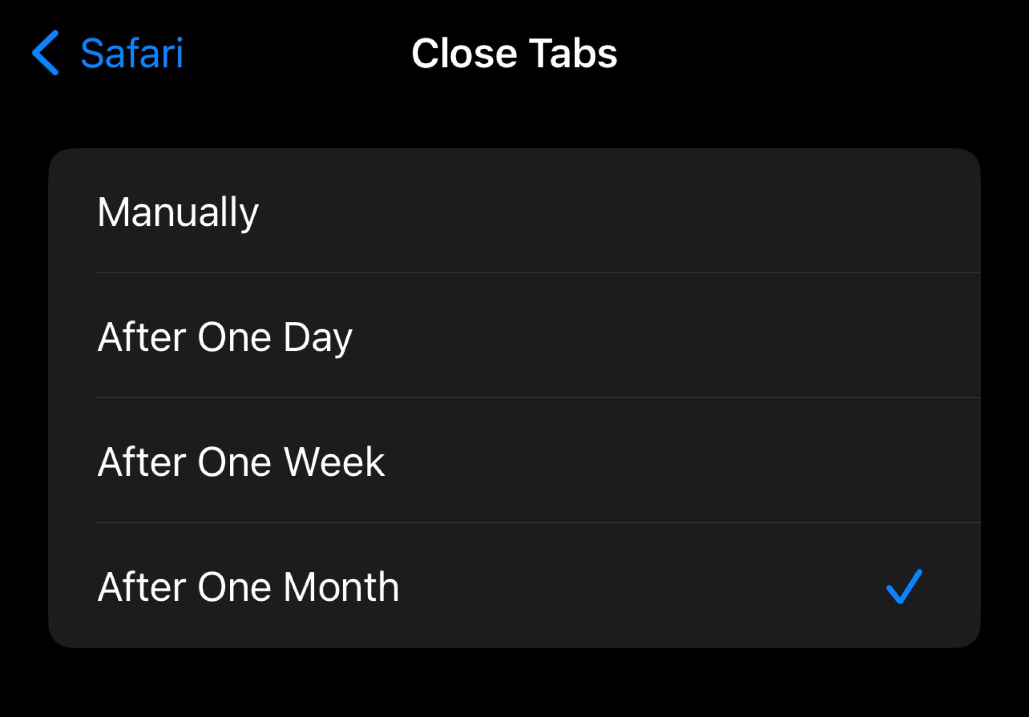 A screenshot of Safari's settings page for automatically closing tabs.
