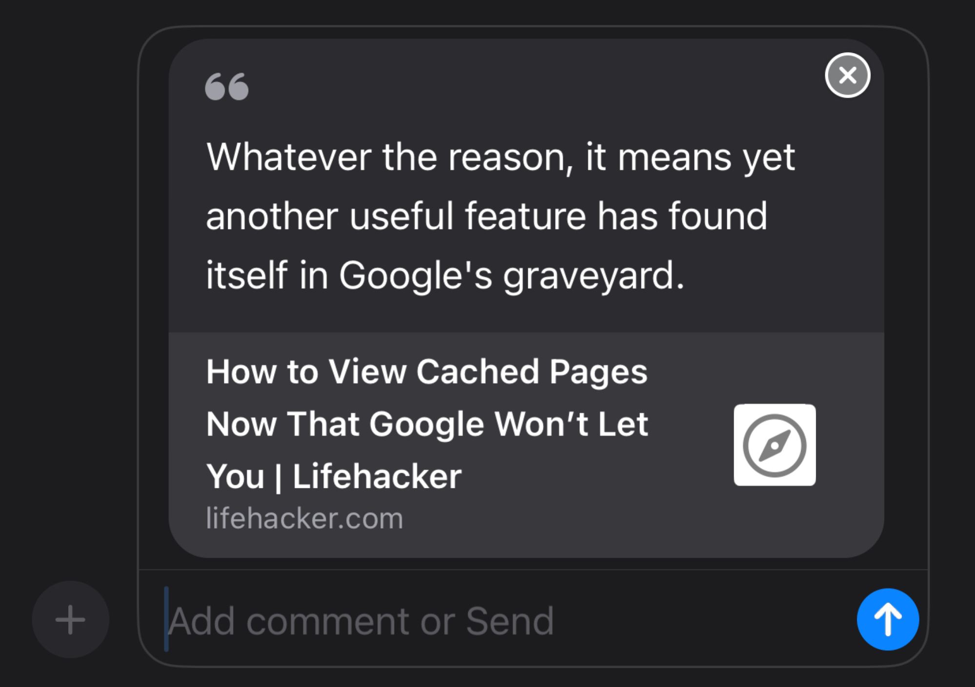 A screenshot of a pull-quote generated by Safari. The link preview is generated in the Messages app on an iPhone