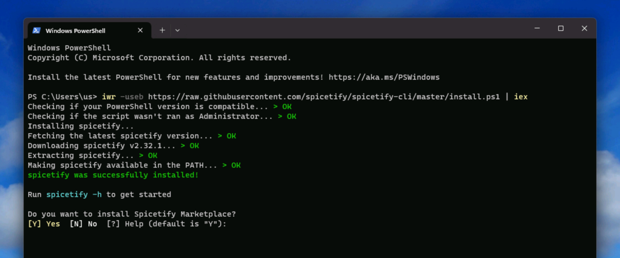Windows PowerShell running the Spicetify installer.