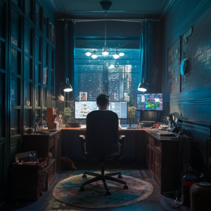 Man sat in bedroom on his computer at his desk