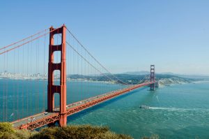 A scenic overview of the Golden Gate Bridge, a symbol of the California state