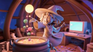 An AI generated image of a witch putting ingredients into a caudron.