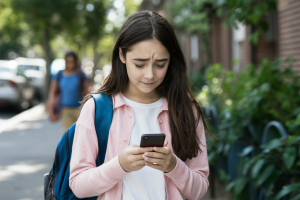An adolescent girl, walking home from school, looking down with a sad face at her smartphone. This image is AI generated.