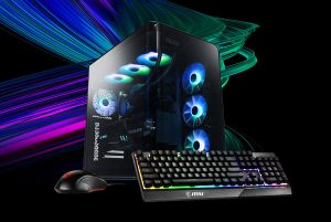 A promotional image showing the futuristic MSI Vision Elite 14th gaming PC, which has a clear-paneled housing showing off its internal components in disco-club light effects