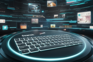A futuristic, sleek design of a typing search engine interface, with a glowing holographic keyboard displayed on a circular screen. In the background, there are various digital representations of search results, such as book covers, images, and videos, floating and organizing themselves in an innovative manner. The overall ambiance is futuristic, high-tech, and visually stimulating.