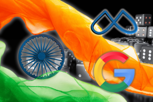 Google and Meta may lose legal shield amid Indian betting probe. Illustration featuring the Indian flag colors with the Ashoka Chakra, Google and Meta logos, and black dice in the background, symbolizing a legal investigation into online betting activities involving the tech giants in India.
