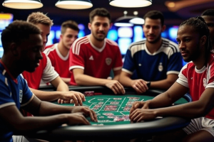 Emmanuel Clase, Gilbert Arenas, and the rise of sports gambling is betting culture overtaking pro athletes. A group of young male athletes in soccer jerseys sit around a casino-style poker table, engaged in a game, with poker chips and cards in front of them under bright overhead lights.