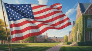 A patriotic digital painting featuring a vibrant, waving American flag as the primary subject. The flag is slightly blurred with motion, showcasing its stars and stripes in crisp detail against a clear blue sky. Behind the flag, a sprawling, beautiful college campus is visible, featuring ivy-covered brick buildings and lush green lawns, rendered with a soft focus to create depth. Warm, golden sunlight bathes the scene, casting long shadows and highlighting the architectural details of the campus while the flag gently ripples in the breeze.