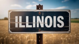 A photograph of a weathered wooden sign, centered in the frame, displaying the text "Illinois" in bold, white capital letters. The sign has a slightly distressed appearance with visible grain and minor scratches, suggesting years of exposure to the elements, and is secured to a sturdy, rusted metal post. Behind the sign is a blurry view of a golden wheat field under a clear blue sky, creating a sense of rural tranquility. Soft sunlight illuminates the sign, casting subtle shadows and highlighting the texture of the wood.