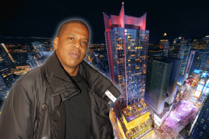 Jay-Z champions Caesars Palace Times Square casino as cultural investment. Shawn “Jay-Z” Carter standing in front of a nighttime rendering of Caesars Palace Times Square casino tower, brightly lit above Times Square.