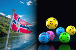 Norwegian Lottery Authority hits Norsk Tipping with $1M fine. Norwegian flag waving by a fjord on the left, with colorful numbered lottery balls on a black background on the right.