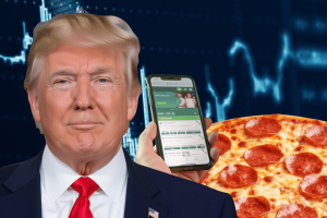 Prediction Pulse Trump announcement stirs market chatter as Pentagon Pizza Index stays flat. Edited image showing Donald Trump in front of a stock market-style background, with a pepperoni pizza and a smartphone displaying a betting platform.