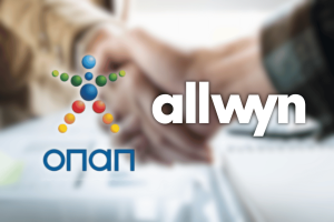 Logos of Allwyn and OPAP shown side by side in front of a blurred background of two people shaking hands, symbolizing their merger. Allwyn and OPAP merge to form €16 billion gaming giant