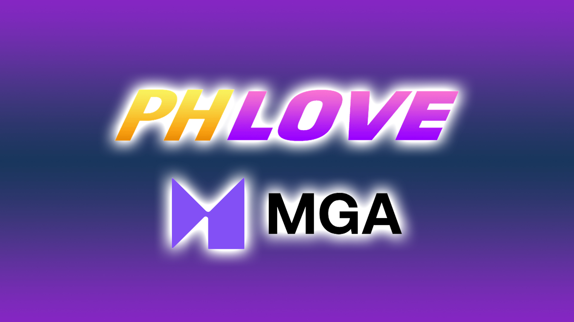 Graphic showing the PHLove logo in bright yellow and pink lettering above the MGA logo on a purple and blue gradient background.