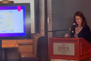 Woman wearing glasses and black top is stood behind a podium while delivering a speech, a TV is to her left. Seneca Nation drives nearly $2B impact on Western New York economy