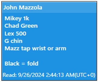 A blue chat message screen labeled “John Mazzola” displaying a list of short phrases: “Mikey 1k,” “Chad Green,” “Lex 500,” “G chin,” “Mazz tap wrist or arm,” and “Black = fold,” with a timestamp reading “Read: 9/26/2024 2:44:13 AM (UTC+0).”
