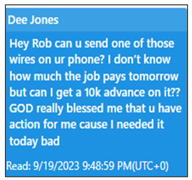 A blue chat message screen labeled “Dee Jones” showing a text asking for a wire transfer and requesting a $10,000 advance, followed by a timestamp reading “Read: 9/19/2023 9:48:59 PM (UTC+0).”
