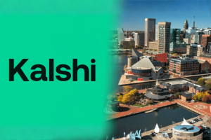 Amicus brief backs Maryland in Kalshi sports prediction market dispute. Split image showing Kalshi logo on green background alongside Baltimore skyline and Inner Harbor, representing Kalshi’s legal dispute with Maryland regulators.