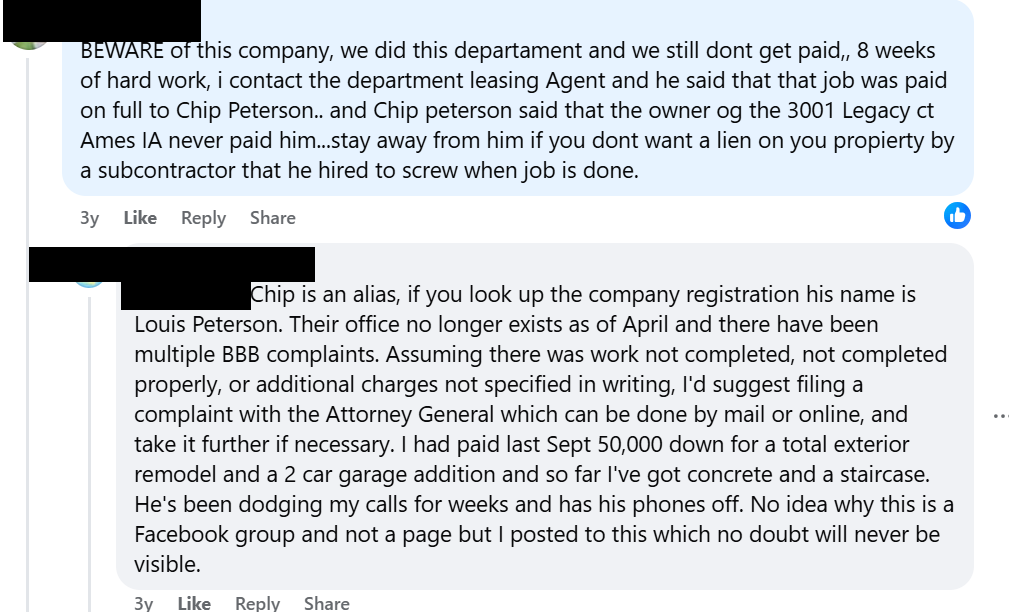 Screenshot of Facebook comments alleging unfinished construction work, unpaid subcontractors, and complaints against contractor Chip Peterson.