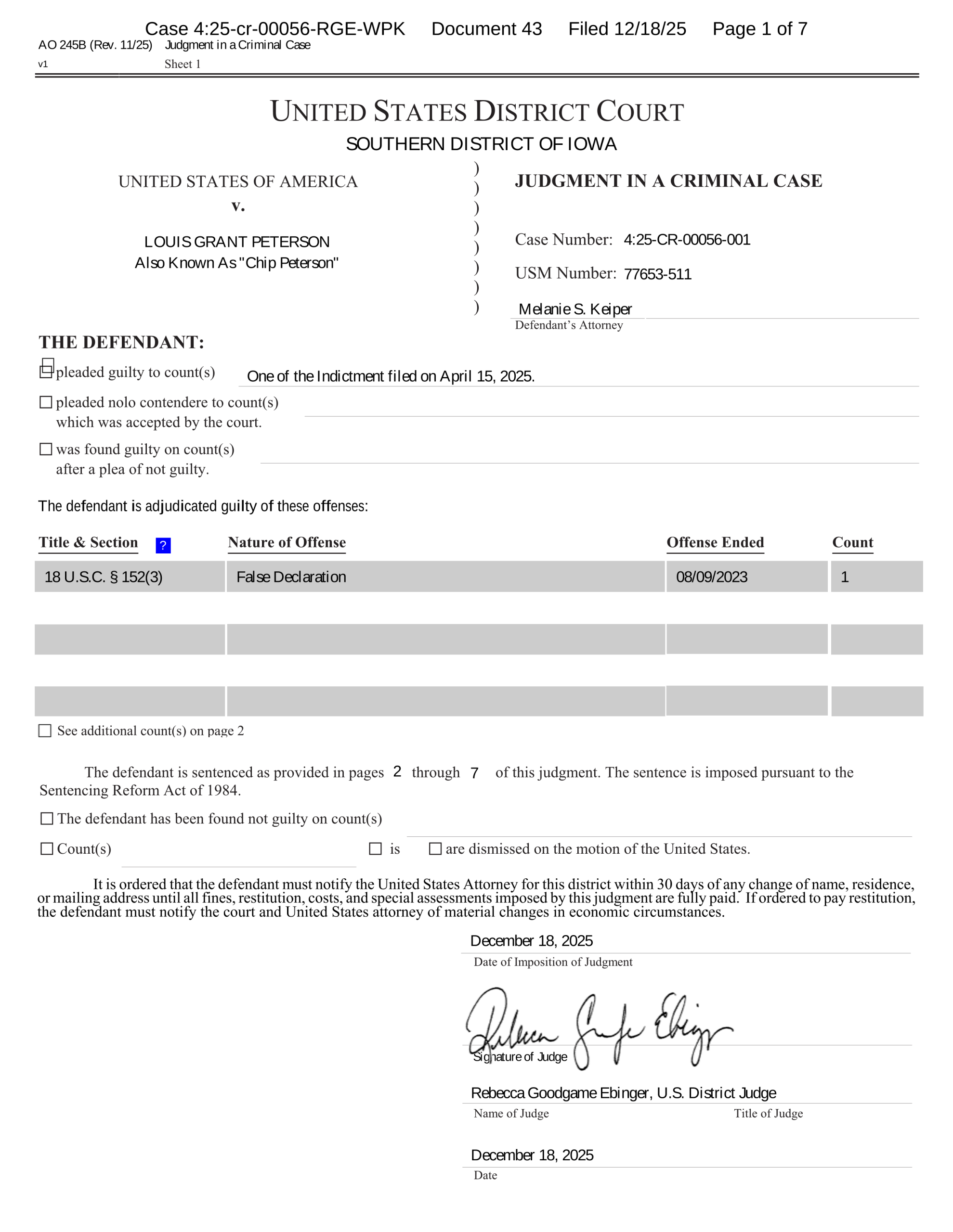 First page of a U.S. District Court judgment showing Louis Grant Peterson pleaded guilty to false declaration and was sentenced in December 2025.