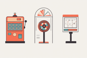 Innovation in gambling. Life in the gray: why gambling innovation stems from unregulated areas. Illustrated slot machine, roulette-style spinner, and data chart terminal representing gambling and prediction markets.