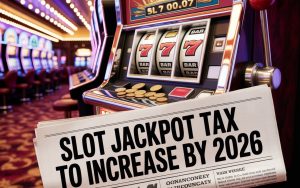 A newspaper in front of a slot machine with the headline "Slot jackpot tax to increase by 2026"