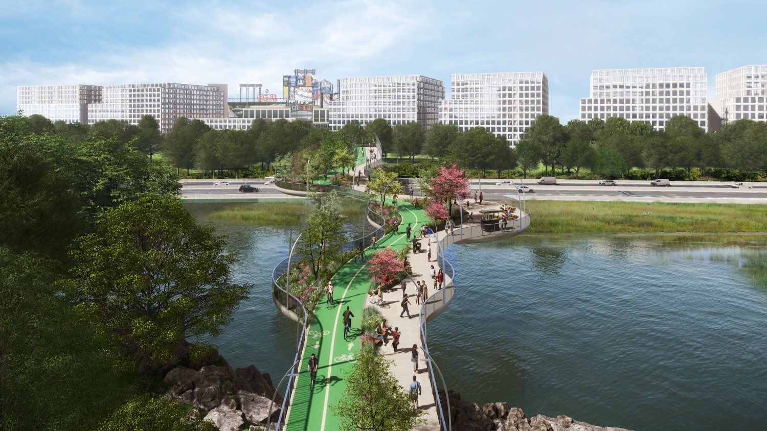 Rendering of the proposed Metropolitan Park development near Citi Field in Queens, showing a green pedestrian and bike path over water surrounded by trees and modern buildings in the background.