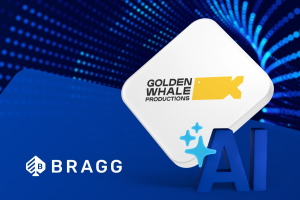 Dark blue background with bragg logo in bottom left. 'AI' is written in the bottom right and the Golden Whale company logo is above. Bragg Gaming unveils AI Brain with Golden Whale