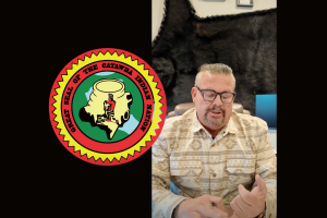 Catawba Nation logo against a black background, with a screenshot of the Catawba Nation chief video on the right hand side.
