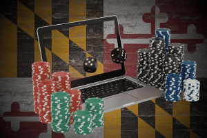 if you looked at the definition as we looked at before, of illegal online gaming, it includes games of chance, but not games of ah, skill. So if the intent, and it's not clear to me, if the intent is to render illegal gains of skill, that is in conflict with, you know, decades and decades of Maryland case law that, a game of skill is not illegal gambling. Illustration of a laptop displaying rolling dice, surrounded by stacks of casino chips, set against a distressed Maryland state flag background, symbolizing online gambling legislation in Maryland.
